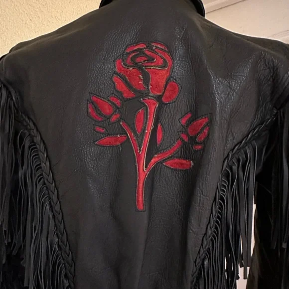 Black Fringe Leather Biker Jacket with Cut Out Rose Details - Picture 15 of 16